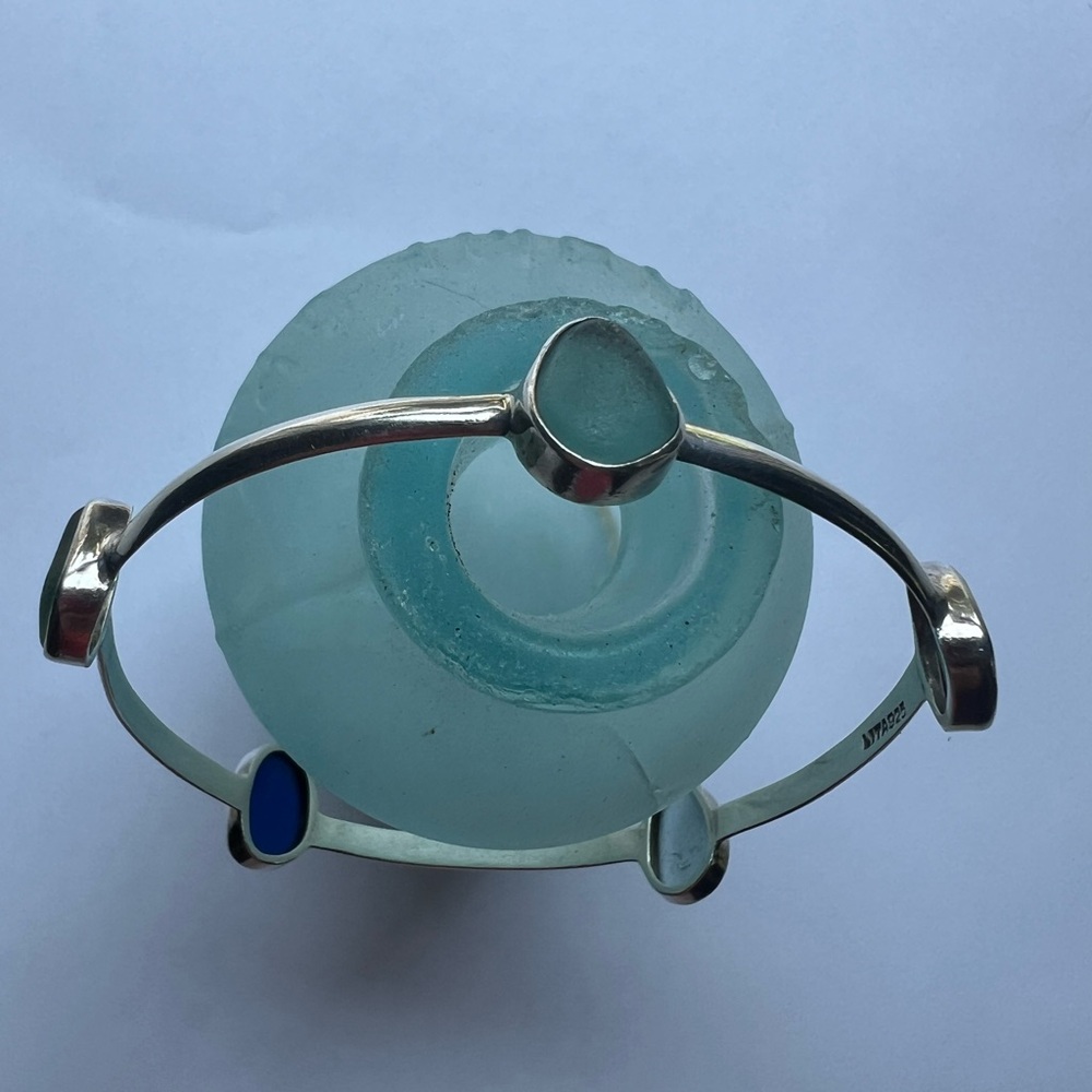 NEW Lita Sea Glass Sterling Silver Bangle Bracelet 5 Stones Extremely Rare - Picture 4 of 8